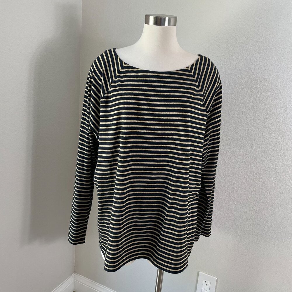 Lauren Ralph Lauren Womens Plus 2X Striped Long Sleeve‎ Top Black Gold Shirt